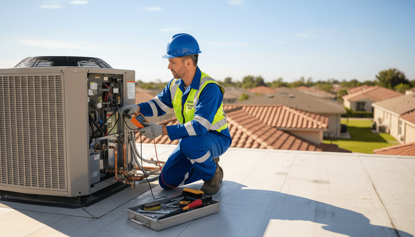 HVAC technician performing maintenance on residential rooftop air conditioning unit under blue sky HVAC technician performing maintenance on residential rooftop air conditioning unit under blue sky